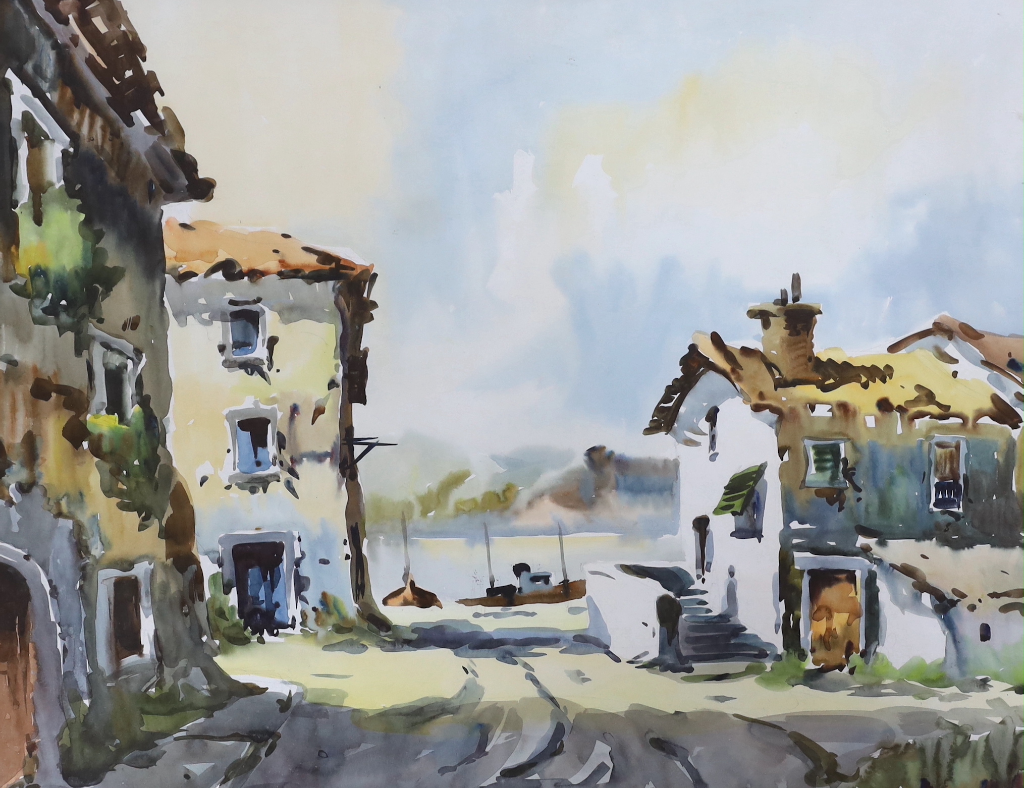 Javier Varela Guillot, four watercolours, Spanish town scene and Northern Spanish landscapes, signed and dated, largest 63 x 43cm
